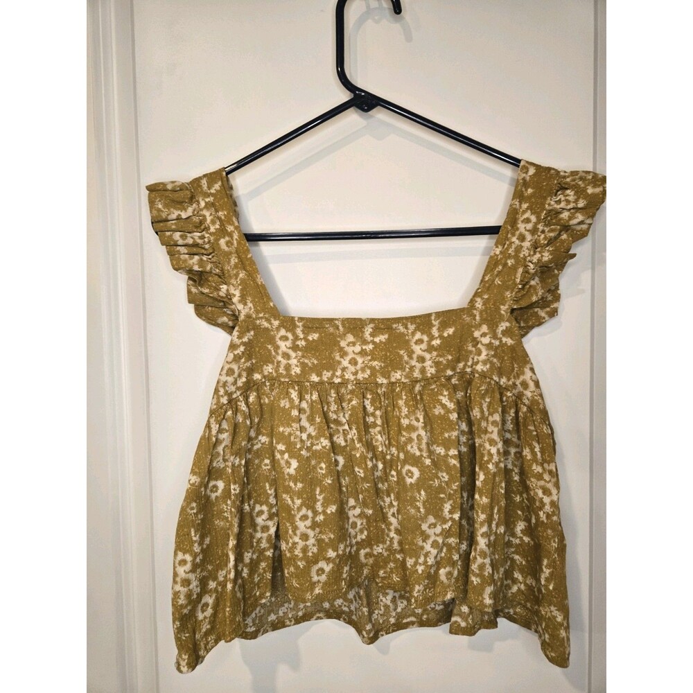 Women's Olivaceous Baby Doll BOHO Top Mustard Yellow Flutter Sleeve Sz Small